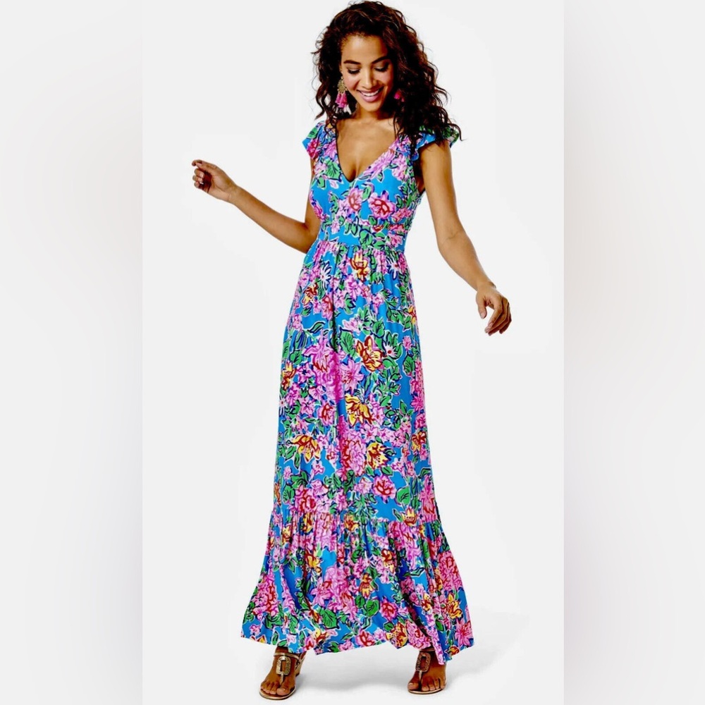 Lilly Pulitzer Turquoise Floral Maxi Dress with Pink & Green Accents
